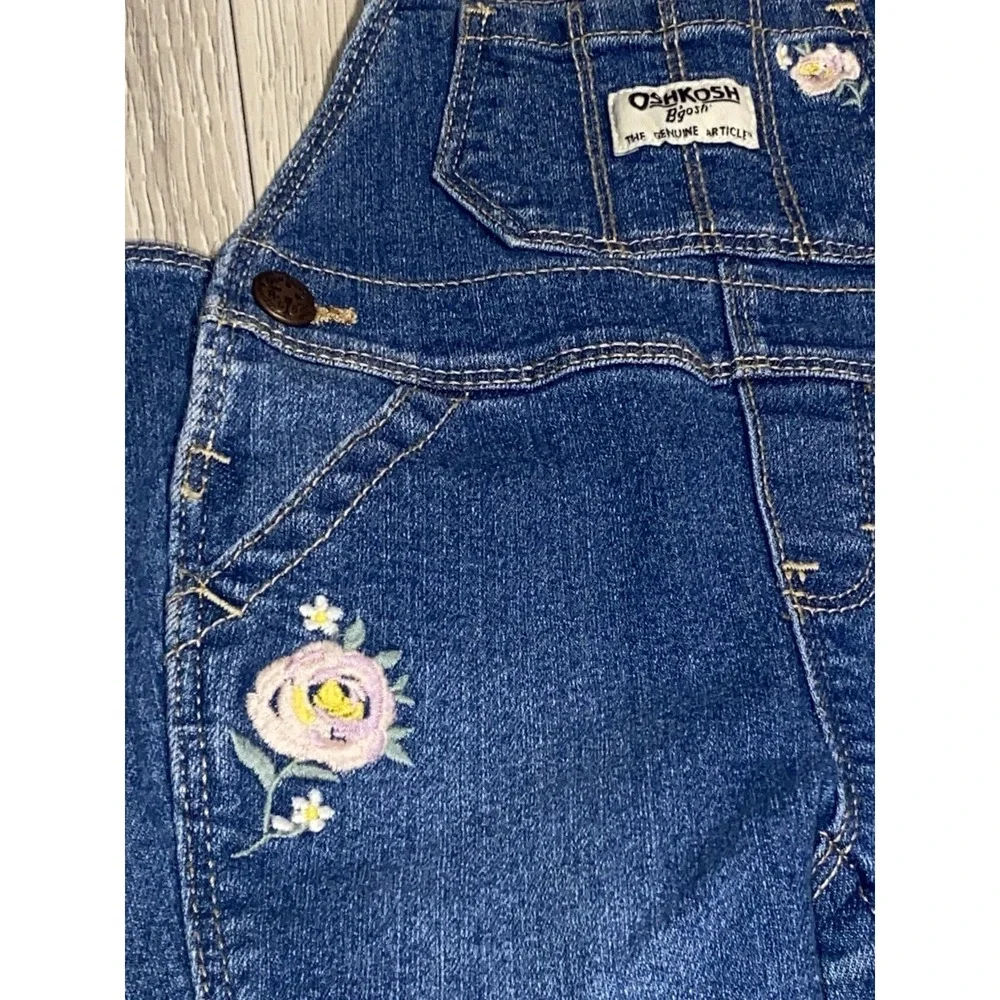 Oshkosh girls denim and embroidered Flowers Overalls Vestback‎ size 6 M